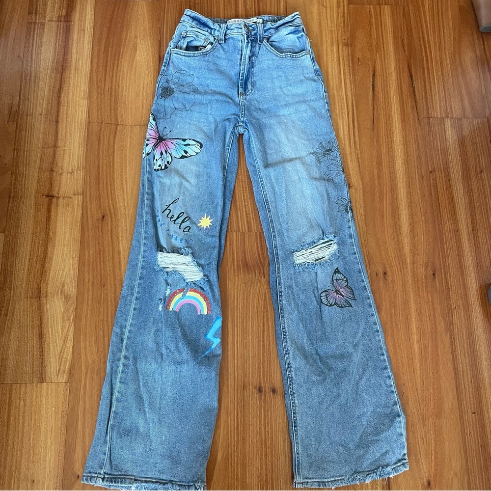 Tinseltown Blue Skinny Jeans with Butterfly Embroidery